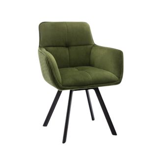 An olive green accent chair with black legs