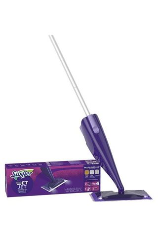 Swiffer WetJet Hardwood and Floor Spray Mop Cleaner Starter Kit in purple with box beside it