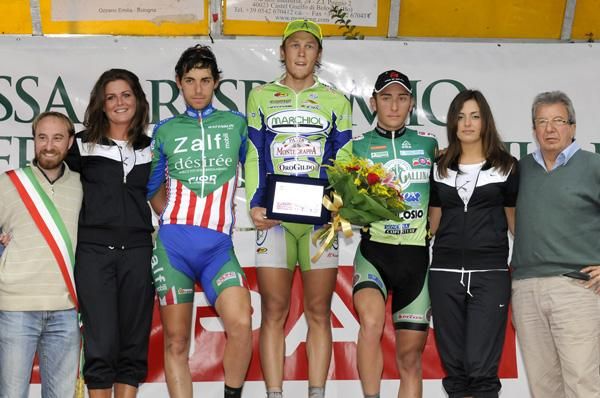 Stage 1 podium (l-r): Matteo Busato, Matteo Trentin and Claudio Zanotti