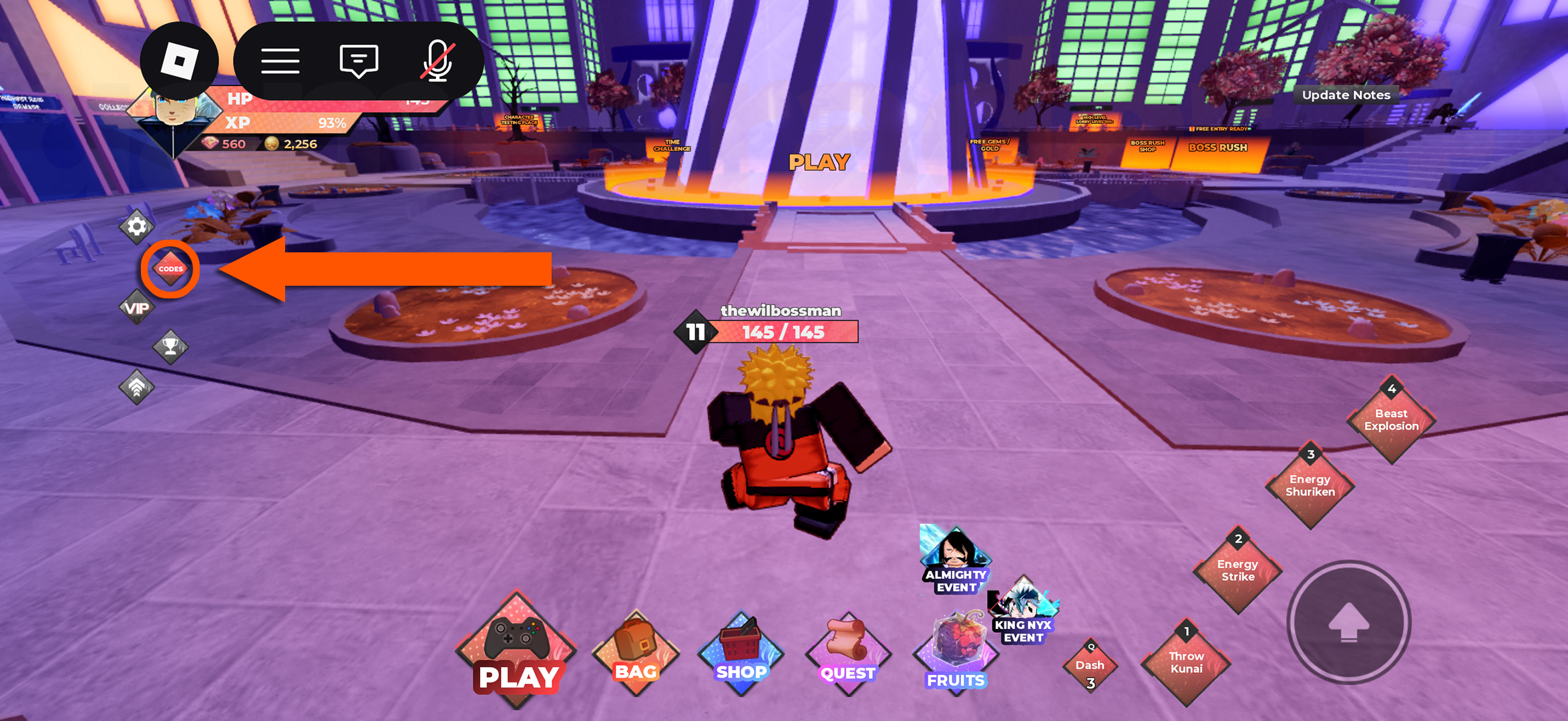 An orange arrow showing how to access the menu screen used to redeem Anime Dimensions Simulator codes