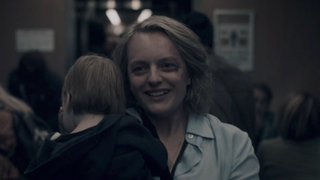 Elisabeth Moss as June on the train in The Handmaid's Tale