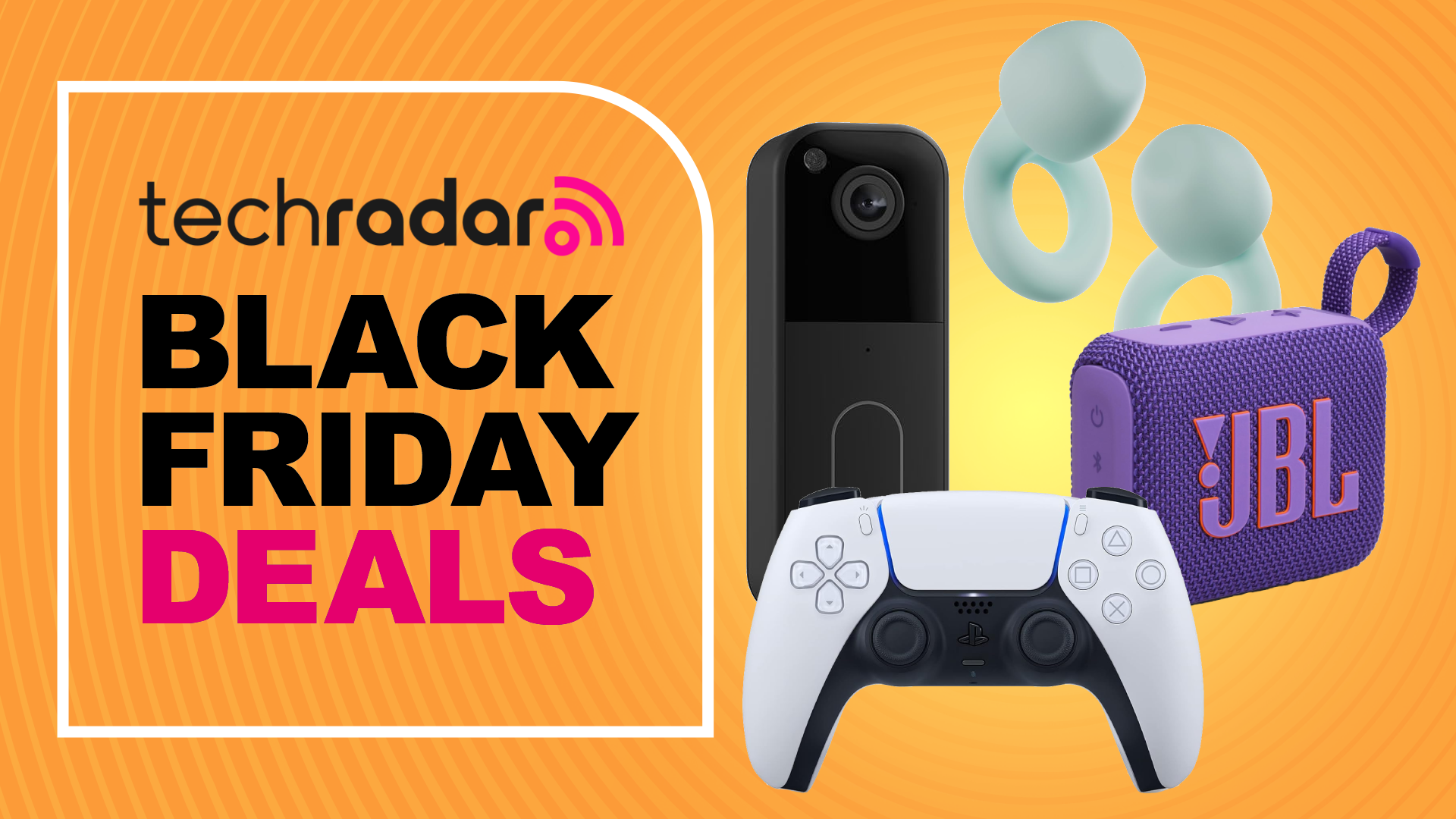 PS5 controller, JBL speaker, Loop earbuds, and Blink doorbell.