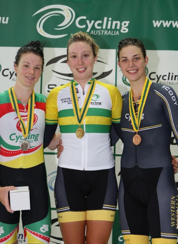 The podium for the women's individual pursuit - Amy Cure, Josephine Tomic and Melissa Hoskins.