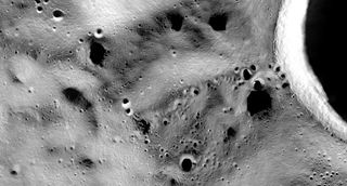 This data visualization image from NASA shows the area of a ridge near the lunar south pole's Shackleton Crater (seen at far right). NASA has picked this spot to land its ice-drilling Prime-1 experiment on Intuitive Machine's Nova-C lander in 2022.