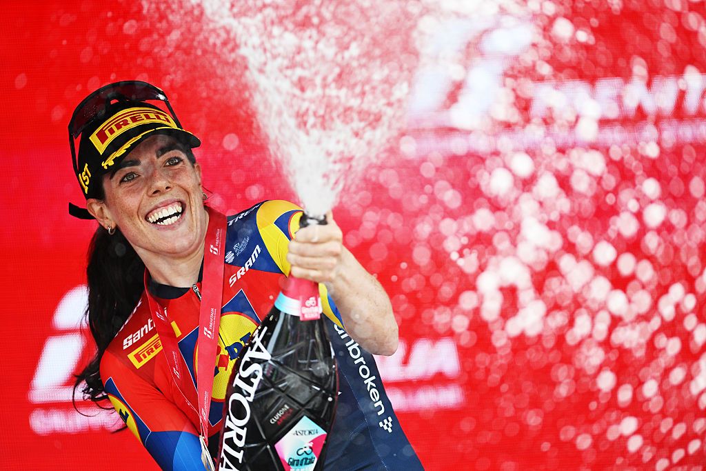 APRICA, ITALY - JULY 07: Anna Henderson of Great Britain and Team Lidl - Trek celebrates at podium as stage winner during the 36th Giro d'Italia Women 2025, Stage 2 a 92km stage from Clusone to Aprica 1174m / #UCIWWT / on July 07, 2025 in Aprica, Italy. (Photo by Luc Claessen/Getty Images)
