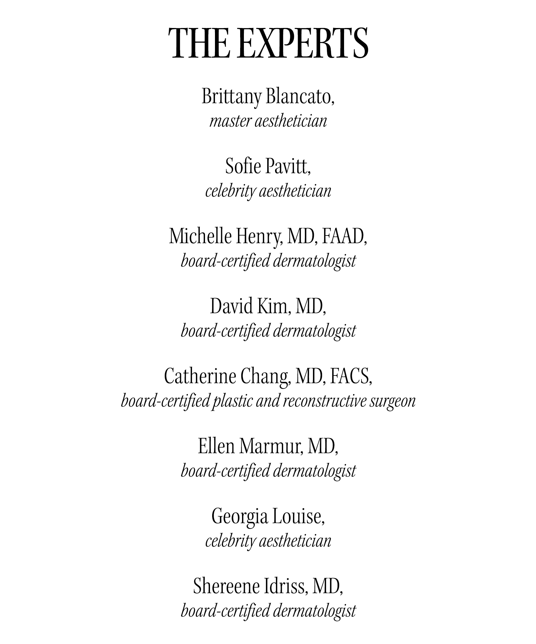 A list of skincare experts