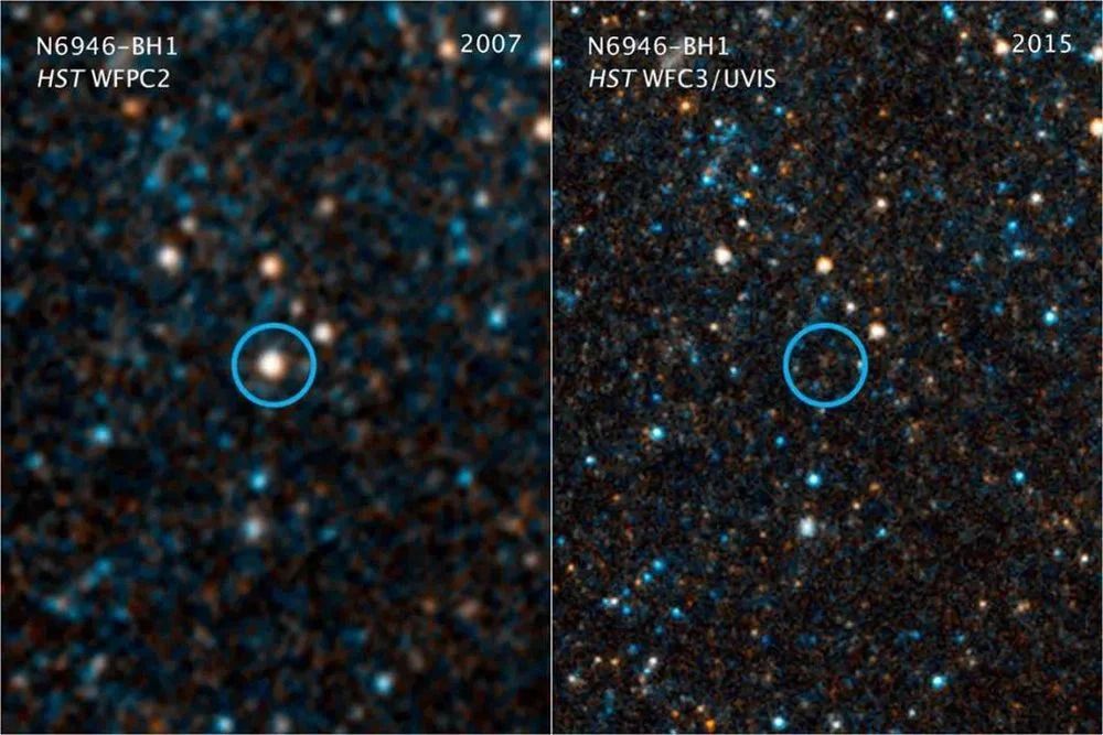 Two side by side images of deep space photos, with dots of white, orange and blue stars. In the center of the image are two small blue circles, one surrounding a white dot and one surrounding a black area.