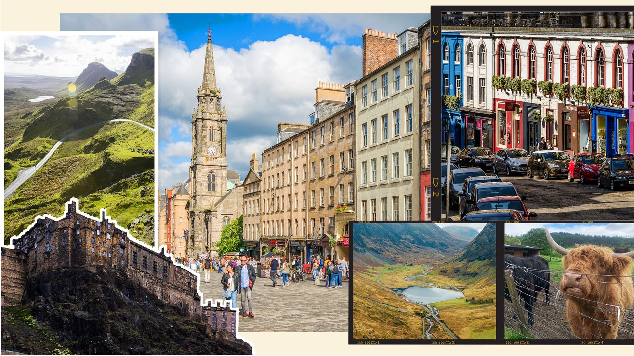 Collage of Edinburgh Scotland landmarks , edinburgh castle, the royal mile, victoria street, scottish highlands