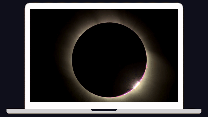 total solar eclipse gif animation on a computer screen graphic. 