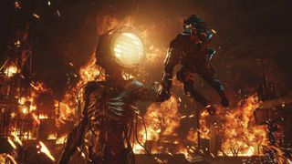 A large lantern-headed monster holding a player in a firey setting 