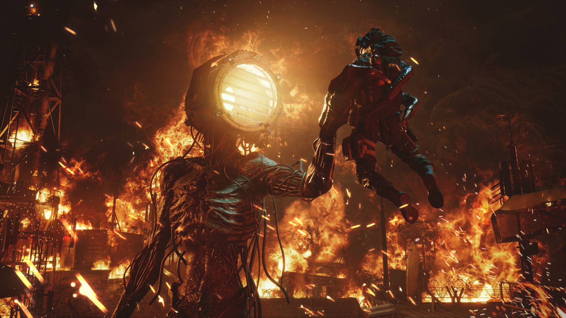 A large lantern-headed monster holding a player in a firey setting 