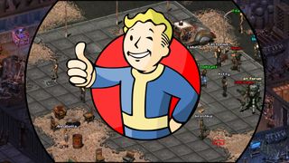 Fallout Vault Boy over screenshots of FOnline 2