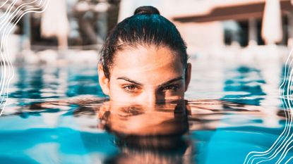 A woman in a swimming pool with her hair wet do illustrate how to get chlorine out of hair