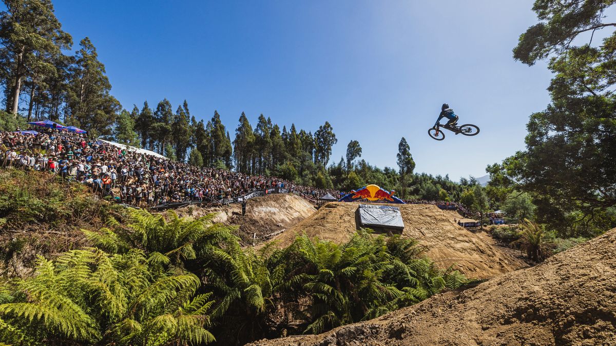 A rider doing a huge gap jump at Red Bull Hardline Tasmania