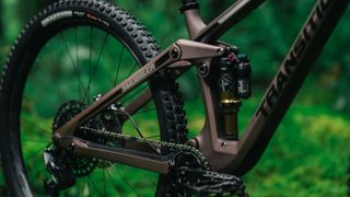 Close up view of rear shock on the transition smuggler mountain bike