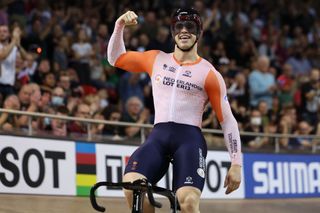 Netherlands' Harrie Lavreysen celebrates winning the Mens Sprint final during the UCI Track Cycling World Championships at the Velodrome of SaintQuentinenYvelines southwest of Paris on October 16 2022 Photo by Thomas SAMSON AFP Photo by THOMAS SAMSONAFP via Getty Images