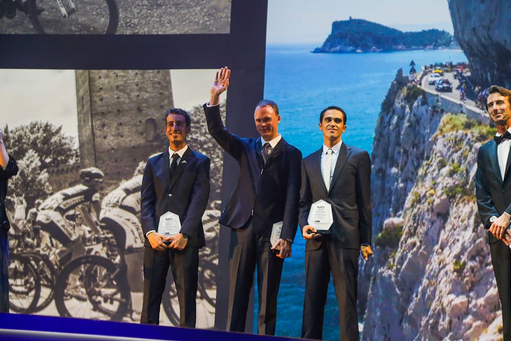 Vuelta winner Fabio Aru, Tour winner Chris Froome and Giro winner Alberto Contador collect their hardware.