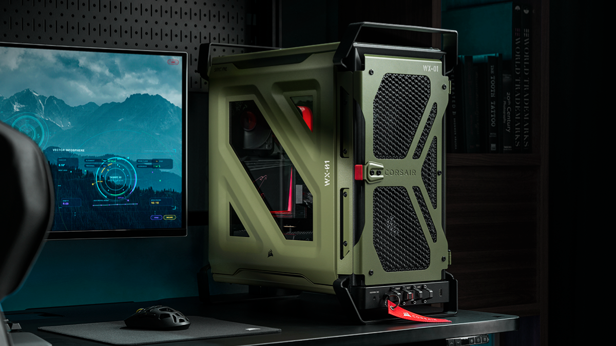 The Corsair Warthog pc case on a black desk