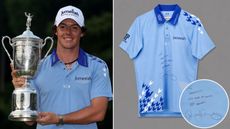 Rory McIlroy holds the US Open trophy, with a close up of his polo shirt