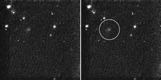 The first image of comet Tempel 1 taken by NASA's Stardust spacecraft is a composite made from observations on Jan. 18 and 19, 2011. The panel on the right highlights the location of comet Tempel 1 in the frame. On Valentine's Day (Feb. 14 in U.S. time zo
