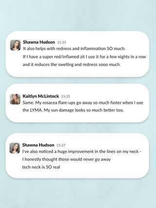 Slack conversation between two beauty editors about the benefits of the Lyma Laser.