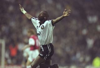 1 Nov 1997: Paulo Wanchope of Derby County celebrates a goal during the FA Carling Premiership match against Arsenal at Pride Park in Derby, England. Derby County won the match 3-0. \ Mandatory Credit: Stu Forster /Allsport