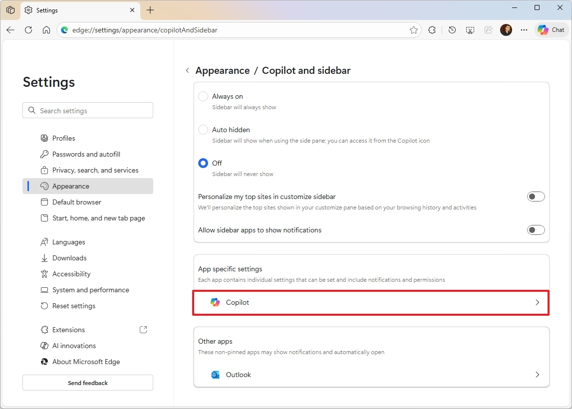 Edge open Copilot settings