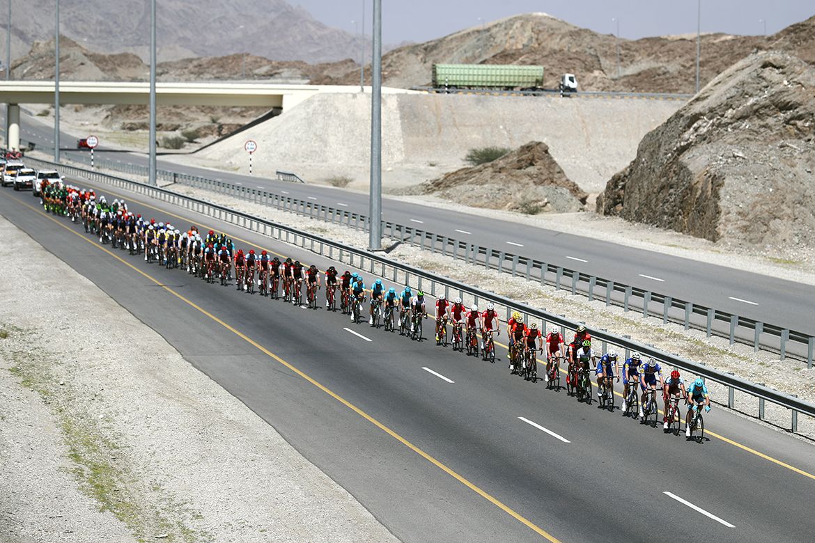 The bunch is lined out on the Tour of Oman.