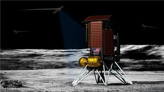A private moon lander stands on the lunar surface with relay satellites above