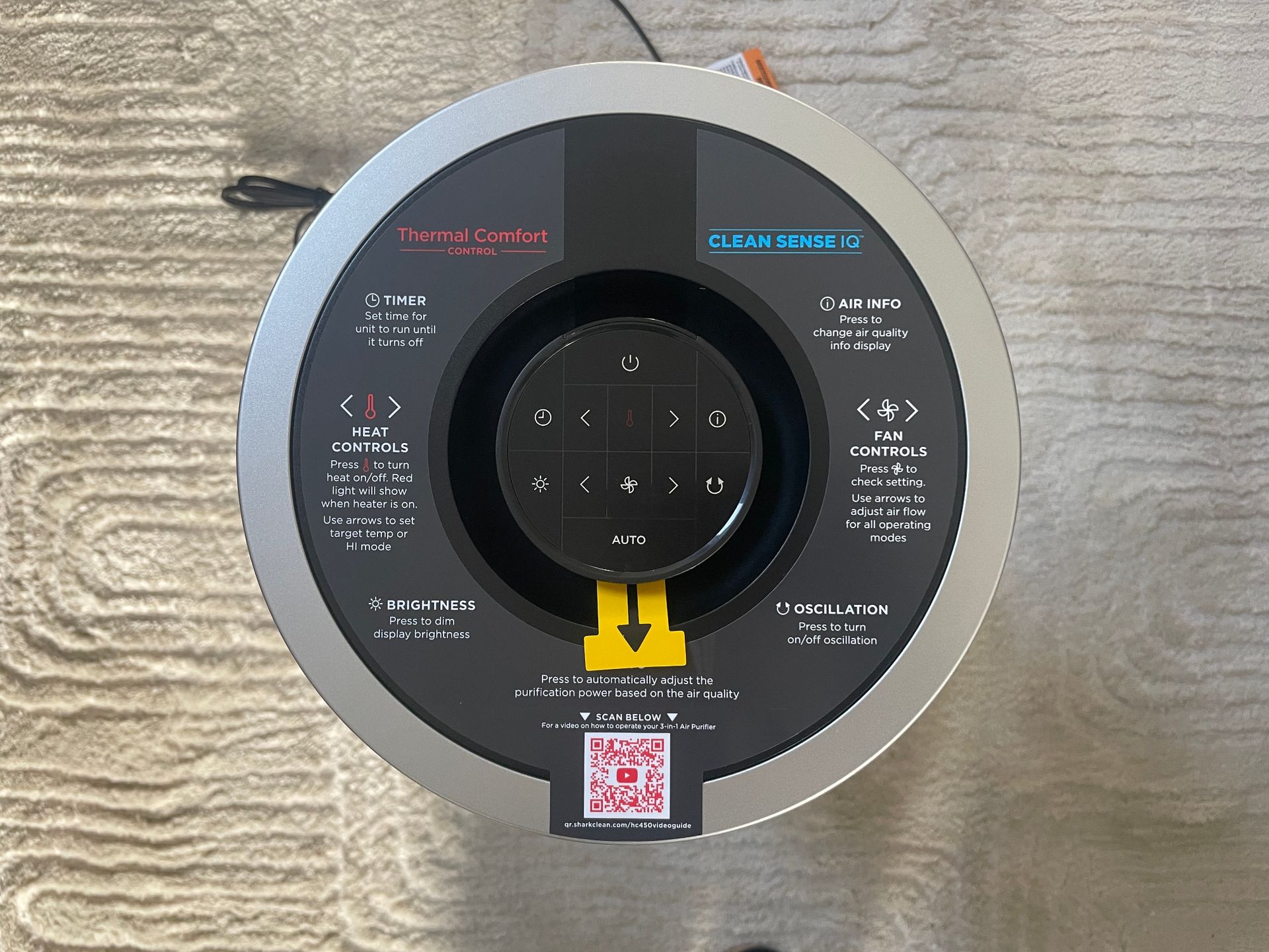 A close up of the top control panel for the Shark Air Purifier 3-in-1 during testing at Aleenah's house.