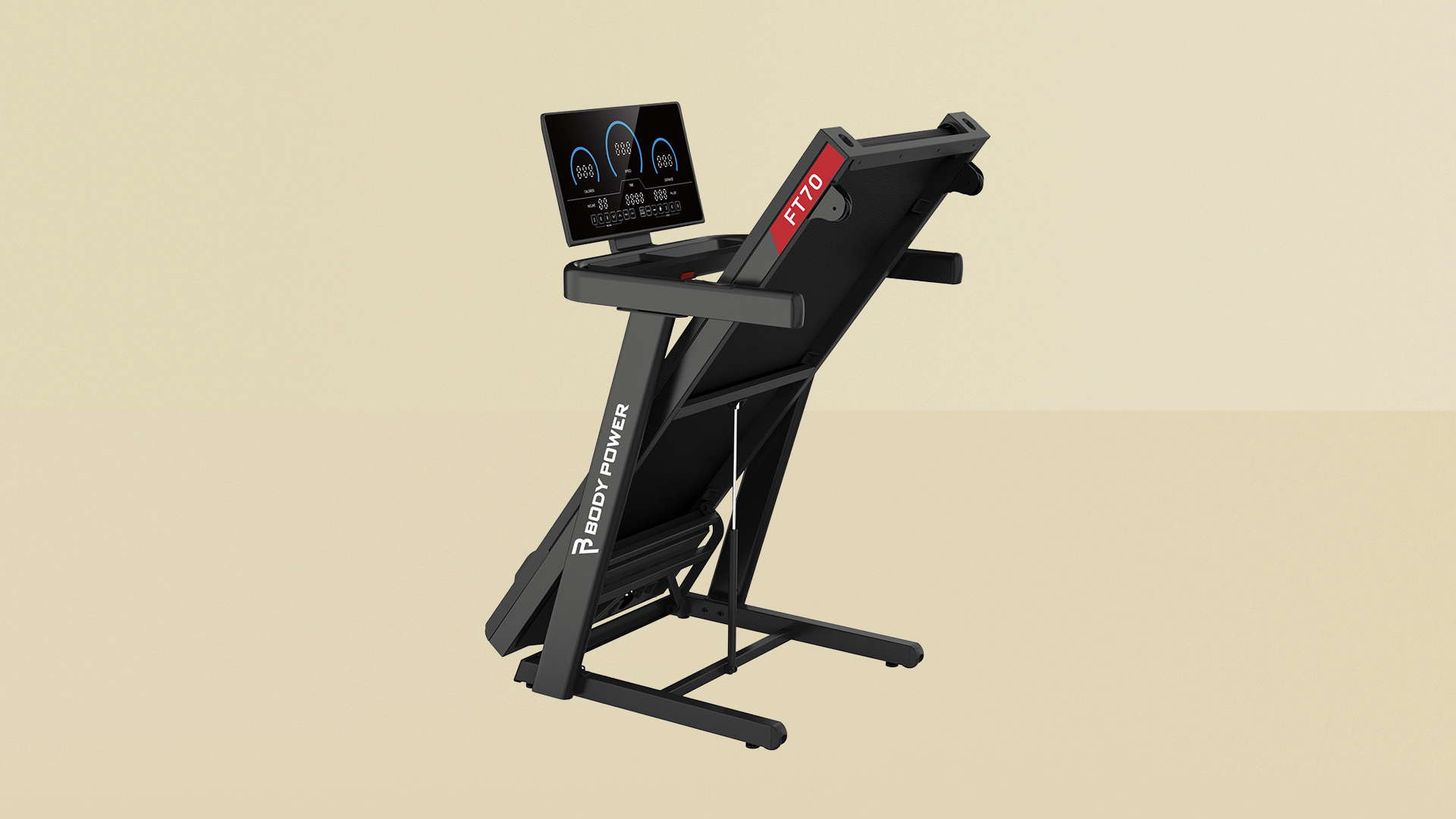 Body Power folding treadmill on yellow background