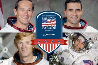 Photo collage of Apollo astronauts Charlie Duke, Harrison Schmitt, Rusty Schwieckart and Artemis generation astronaut Randy Bresknik.