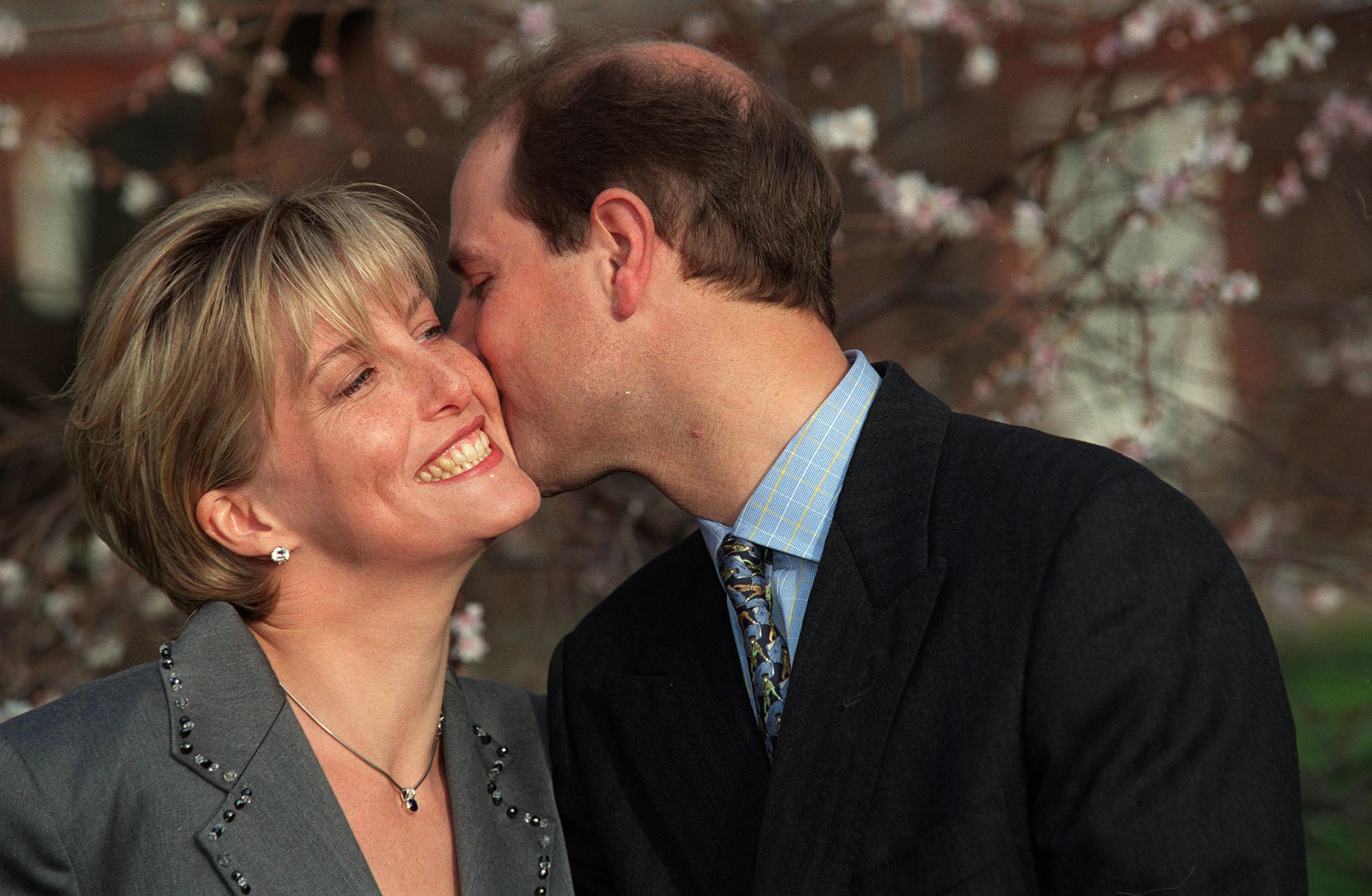 Duchess Sophie and Prince Edward kissing during their engagement announcement