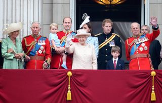 Camilla, Duchess of Cornwall, Prince Charles, Prince of Wales, Prince George of Cambridge, Prince William, Duke of Cambridge, Catherine, Duchess of Cambridge, Queen Elizabeth II, Prince Harry and Prince Philip, Duke of Edinburgh (R) watch the fly-past from the balcony of Buckingham Palace