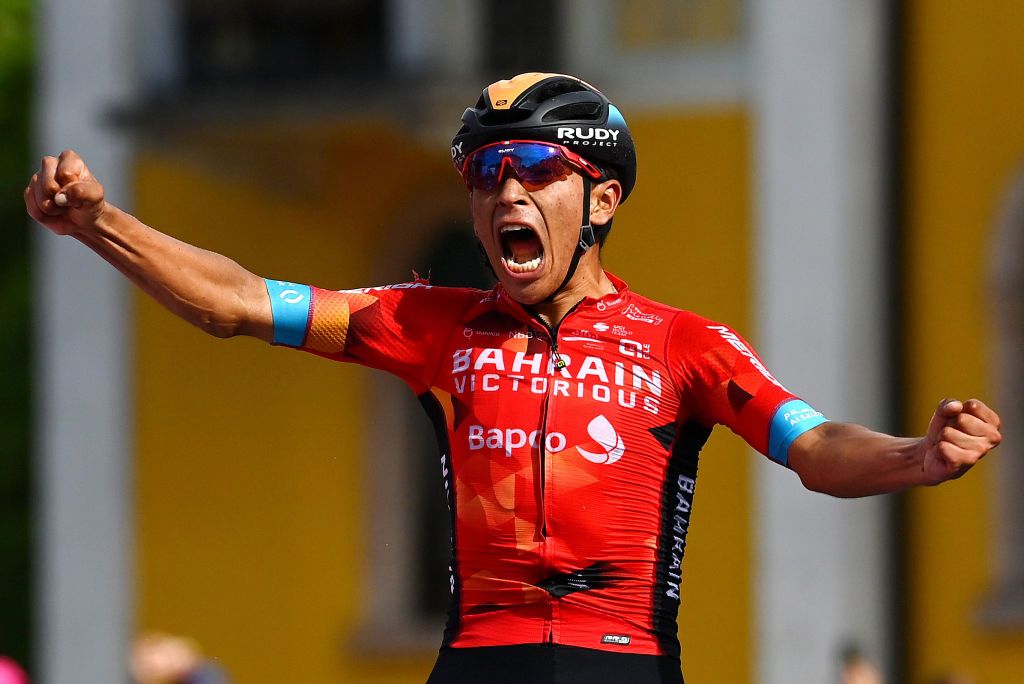 LAVARONE ITALY MAY 25 Santiago Buitrago Sanchez of Colombia and Team Bahrain Victorious celebrates winning during the 105th Giro dItalia 2022 Stage 17 a 168 km stage from Ponte di Legno to Lavarone 1161m Giro WorldTour on May 25 2022 in Lavarone Italy Photo by Tim de WaeleGetty Images