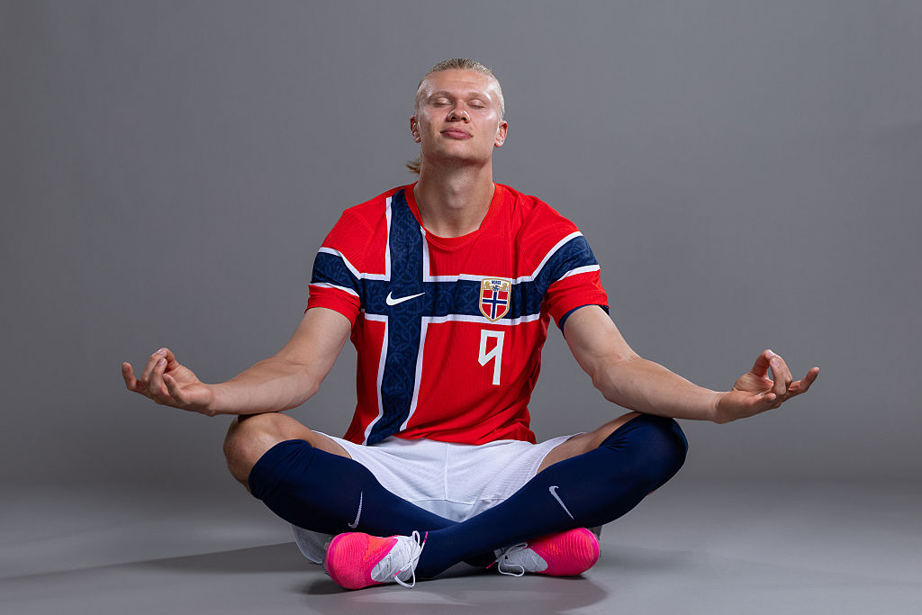 Erling Haaland pulls his yoga pose celebration during the official FIFA World Cup 2026 portrait session on June 10, 2026 in Greensboro, United States