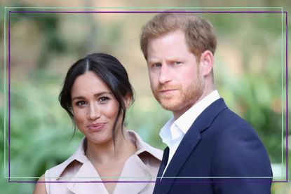 a close up of Prince Harry and his wife Meghan Markle looking at the camera