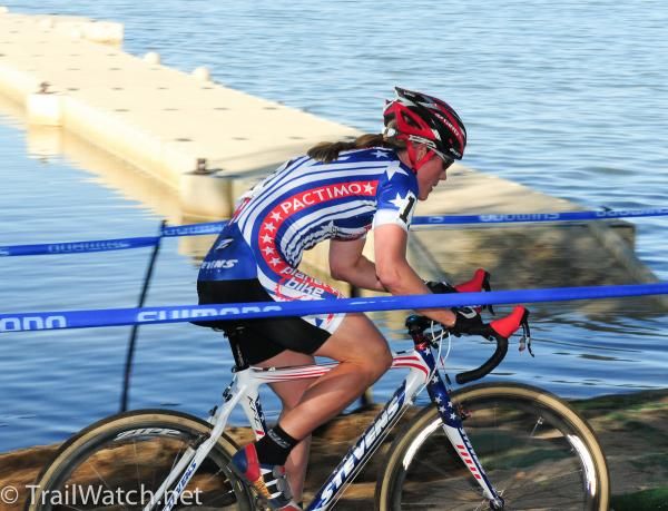 Katie Compton (Planet Bike) streaking along the Boulder Reservoir