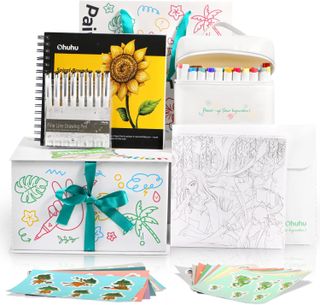 Ohuhu's alcohol marker kit with stickers and coloring pages and a spiral-bound sketchbook and fine line drawing pens