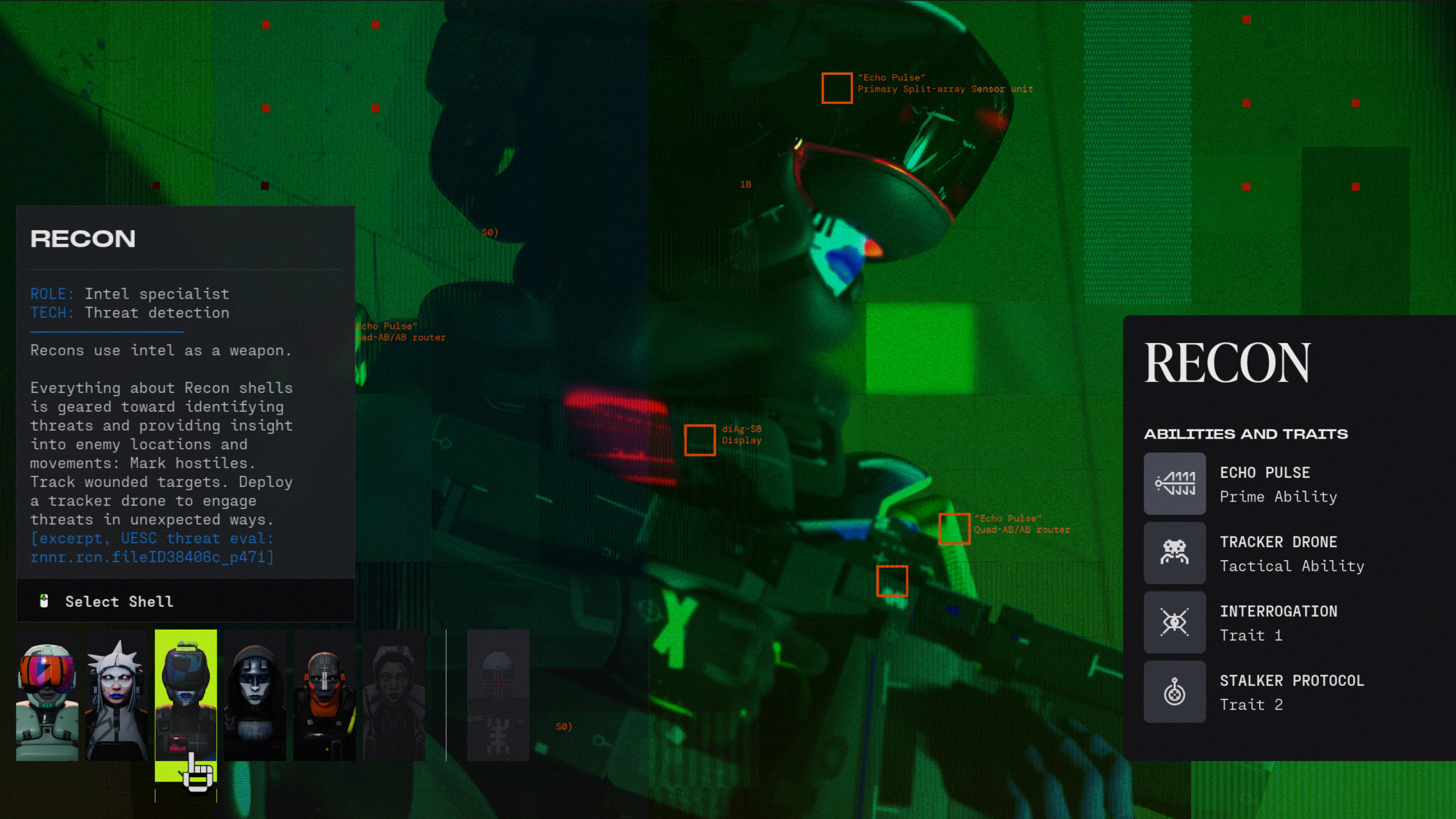 Best Marathon characters: The Recon Runner Shell in the main menu, showing the character and their class abilities.