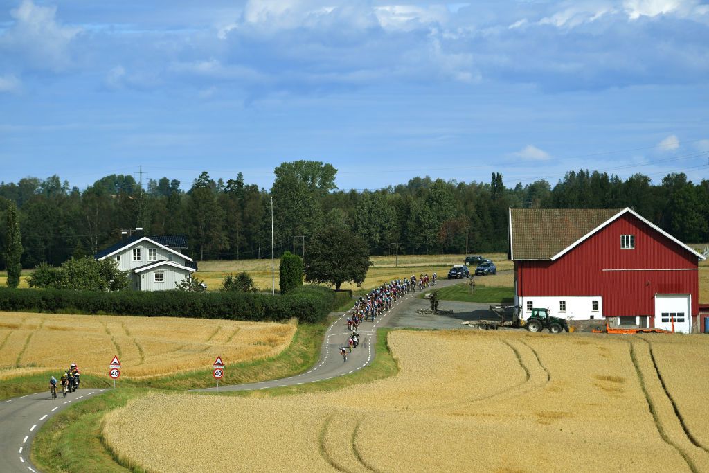 HALDEN NORWAY AUGUST 15 A general view of the peloton during the 7th Ladies Tour Of Norway 2021 Stage 4 a 1416km stage from Drbak to Halden LTourOfNorway LTON21 UCIWWT on August 15 2021 in Halden Norway Photo by Luc ClaessenGetty Images