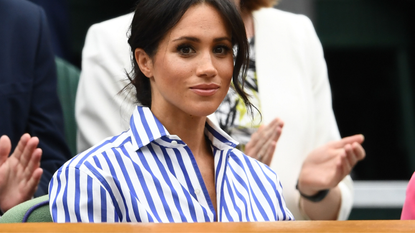 Meghan, Duchess of Sussex attends day twelve of the Wimbledon Lawn Tennis Championships at All England Lawn Tennis and Croquet Club on July 14, 2018 in London, England.