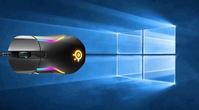 Steel Series gaming mouse in front of Windows 10 background 