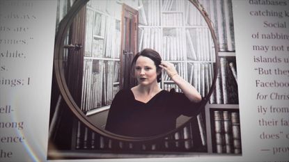 Michelle McNamara reflected in a round mirror.