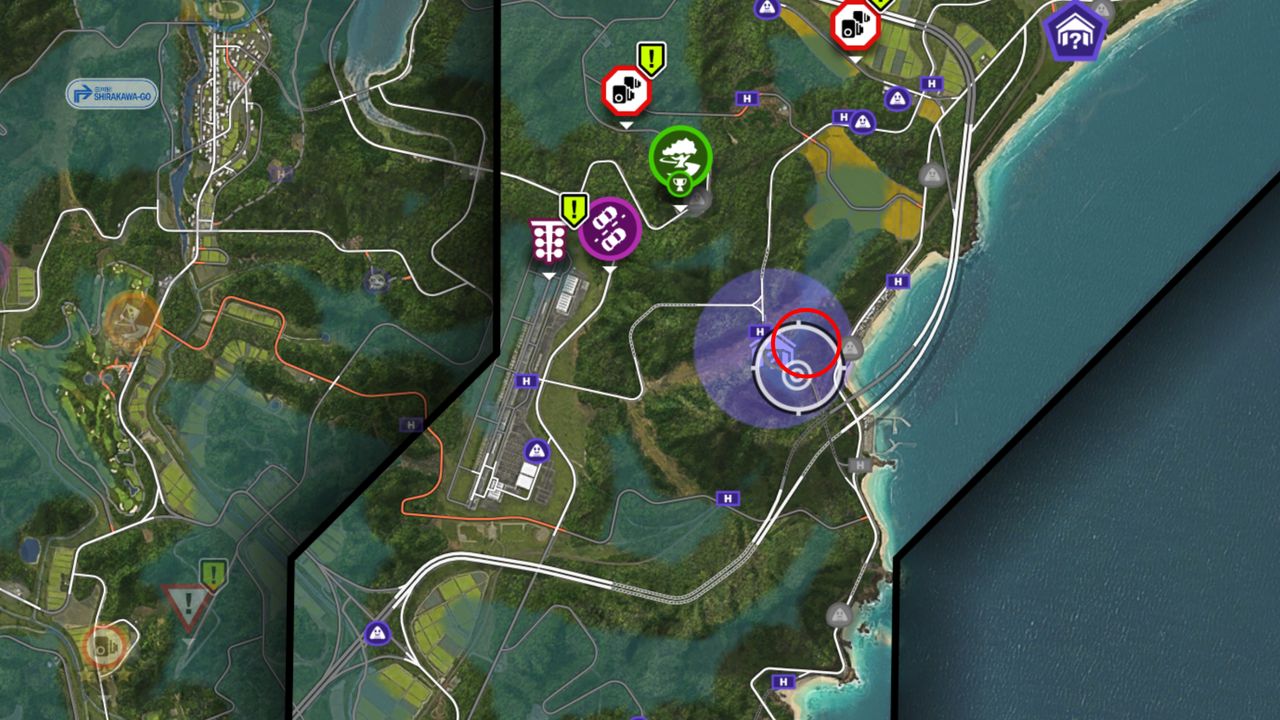 Forza Horizon 6 Barn Finds: A map with a red circle showing the location of the Barn Find car inside the purple search area.