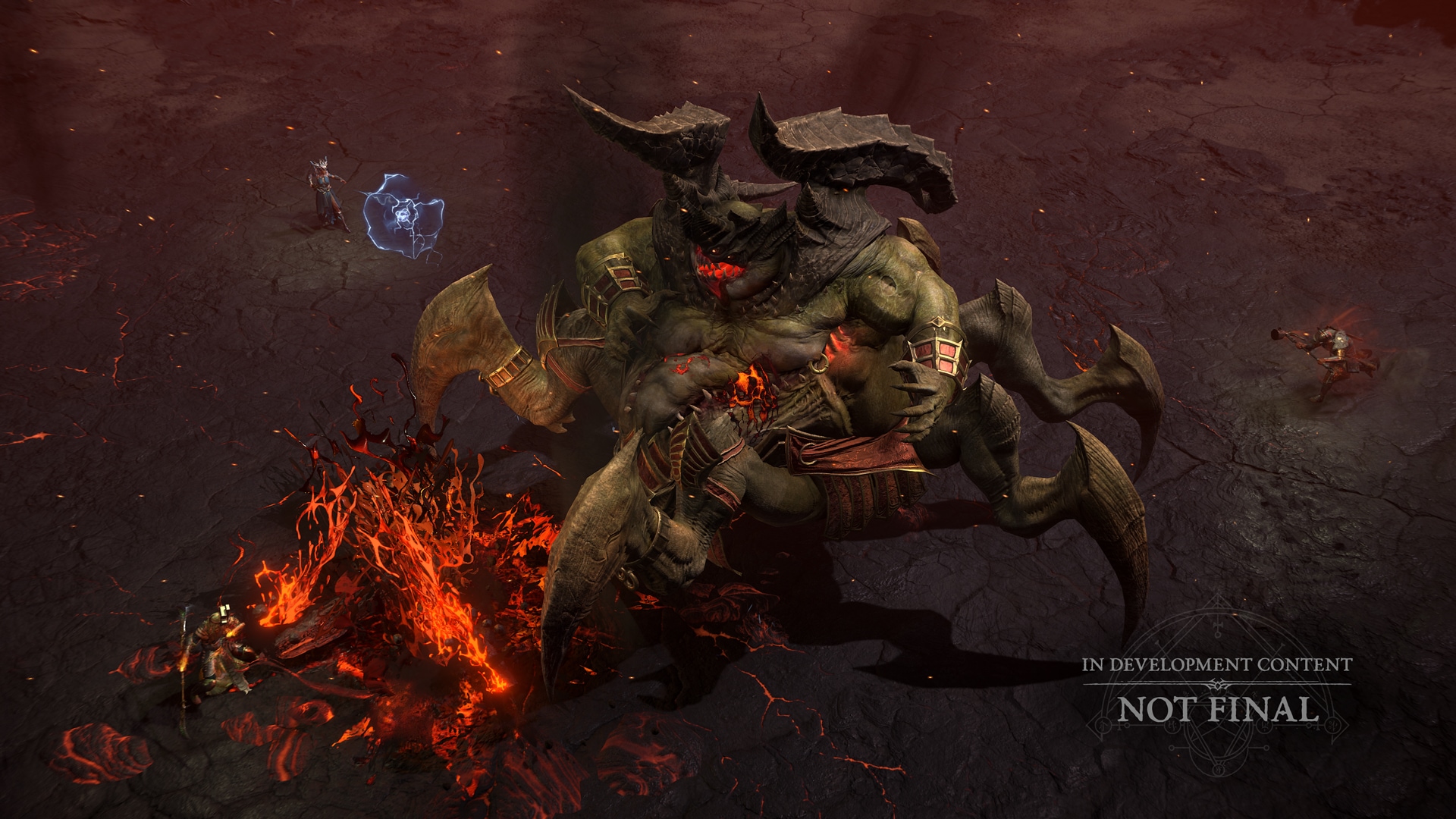 A large monster with four pincer legs stands on a volcanic field as two characters attack it.