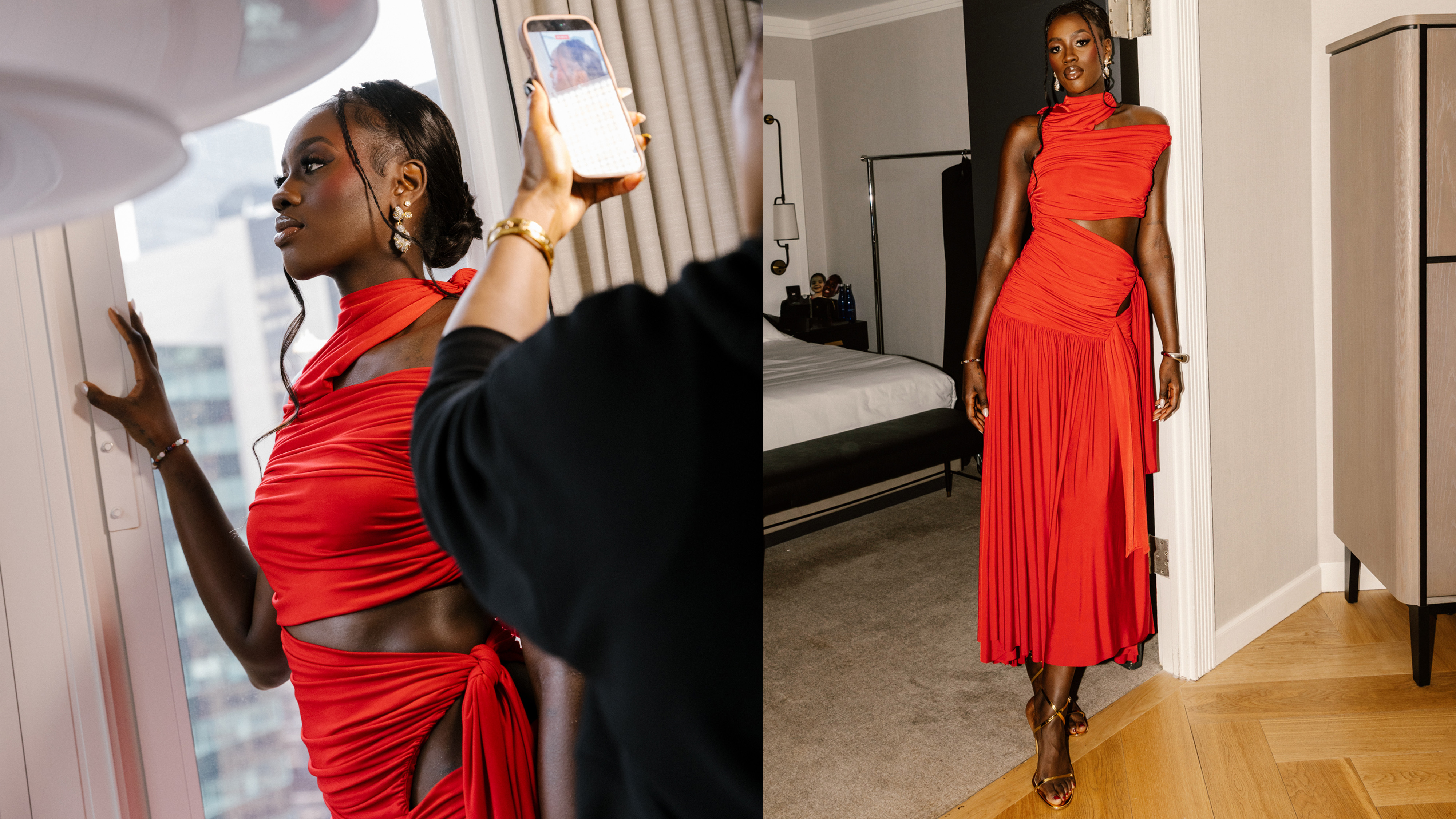 Awa Fam getting ready for the 2026 WNBA Draft with stylist Courtney Mays wearing a red Siedres dress from Shopbop.