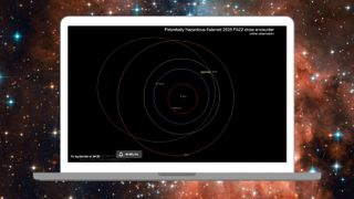 A laptop is pictured showing the orbital path of an asteroid around Earth.