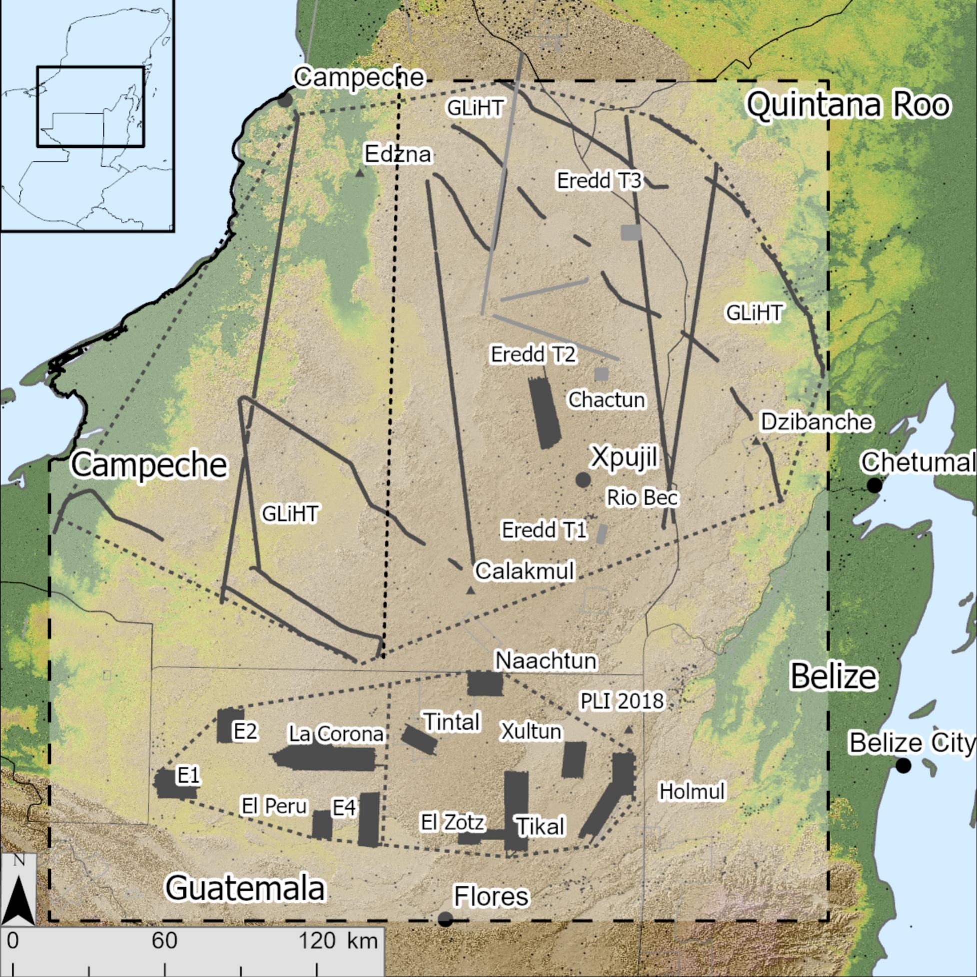 A map of the Maya Lowlands in southern Mexico, western Belize and northern Guatemala with ancient Maya sites marked.