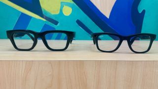 Photo of the Meta Ray-Ban Display (left) and Ray-Ban Meta (Gen 2, right) from the front.